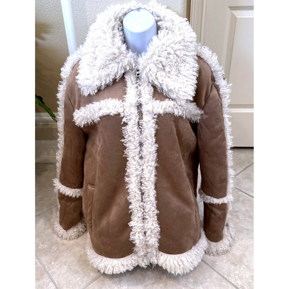 Topshop Faux Suede Shearling Aviator Jacket Tan Brown US 8 UK 12 EUR 40